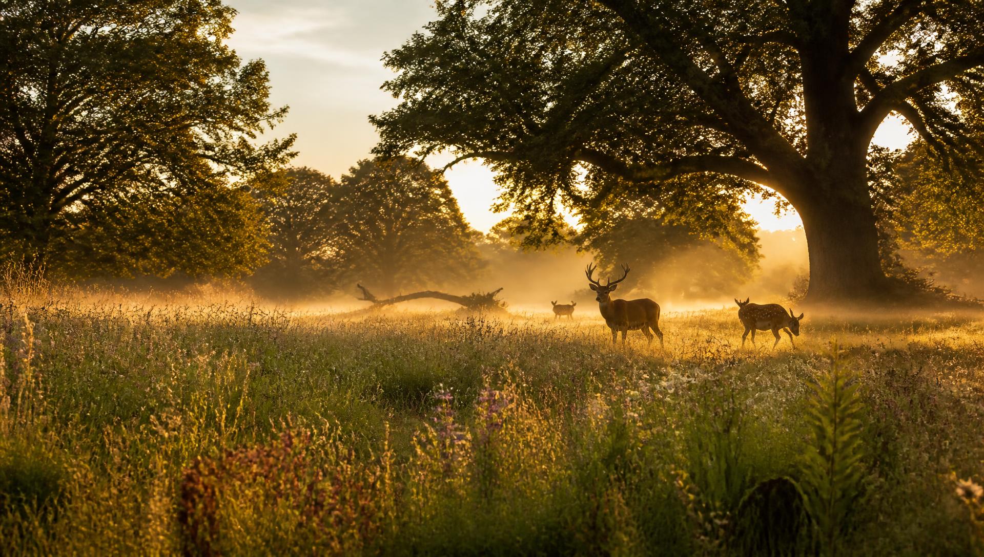 Deer at golden hour in a rewilded English parkland with mist between ancient oaks