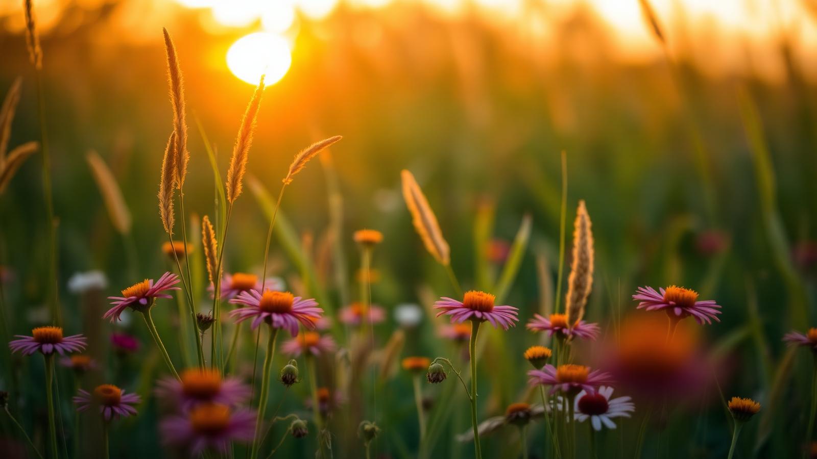 Wildflower meadow backlit at sunset