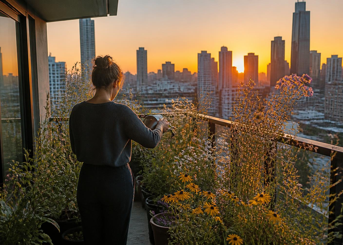 A young city dweller watering a wild-planted balcony garden at sunset
