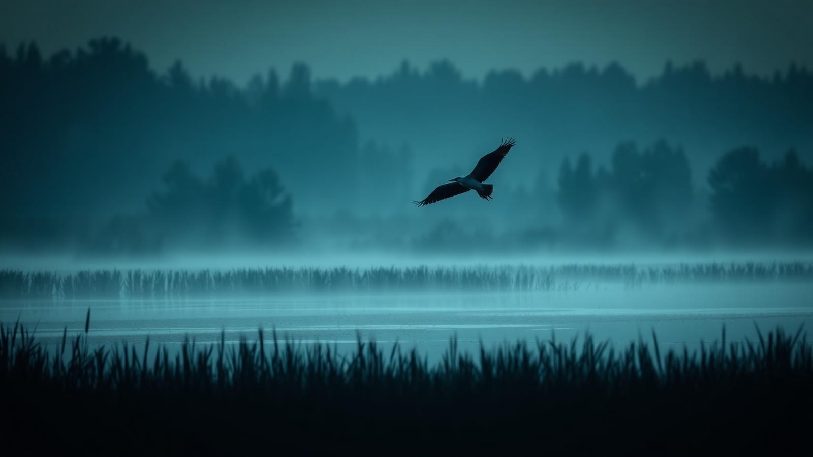 Heron rising from a misty wetland at dusk