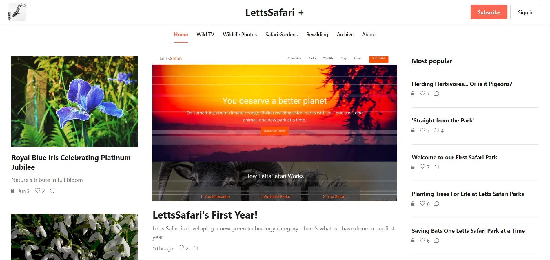 LettsSafari+ homepage, with multiple articles including 