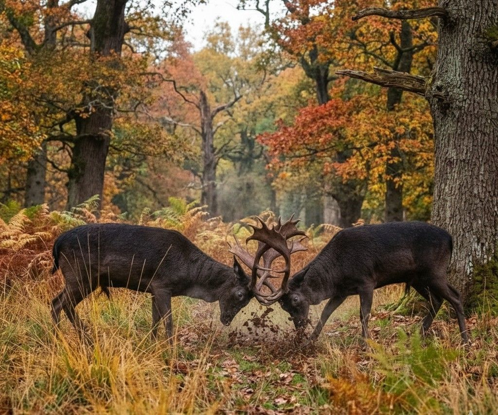 Two Black Fallow Stags Rutting in Autumn in Devon