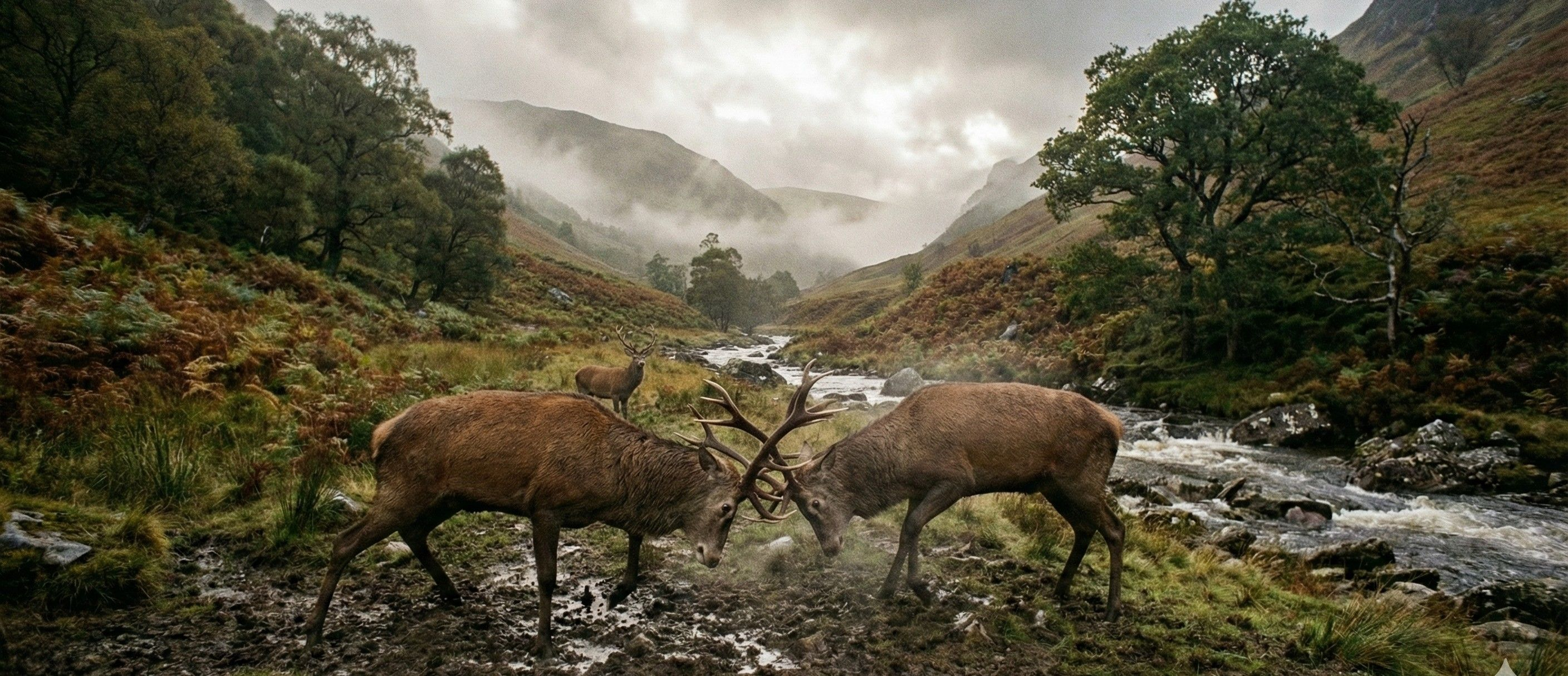 Two Red Deer Stags Rutting in Scottish Glen
